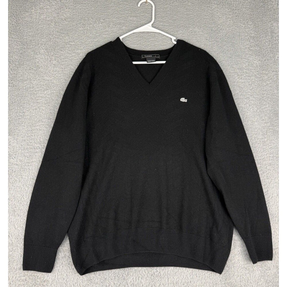 Lacoste Cashmere Sweater Mens XL Size 6 Black V Neck Made in France Croc Logo